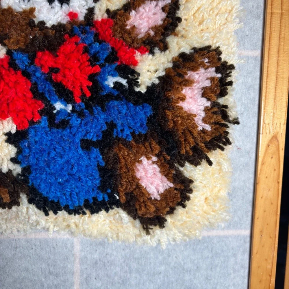 Vintage Teddy‎ Bear Latch Hook Wall Art Handmade Cream Blue Red Overalls Pillow
